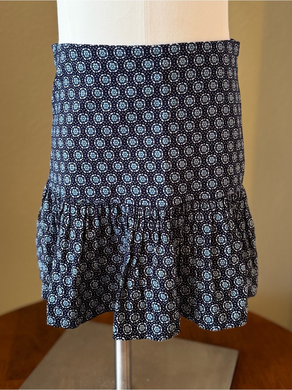 Mango Navy Blue Printed Ruffle-Hem Mini Skirt
